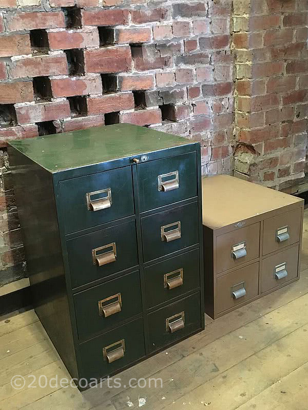  20th Century Decorative Arts |Vintage Roneo 8 drawer metal index card filing cabinet, finished in green with brass pull handles. Vintage Art Metal 4 drawer index card filing cabinet, finished in taupe with aluminium pull handles. 
