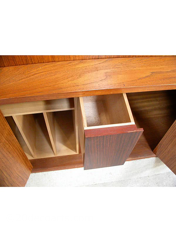  20th Century Decorative Arts |Robert Ingham Wall Unit / Bureau Made from solid teak, the doors fronted with rosewood, fitted interior in sycamore with rosewood fronted drawers circa 1969.