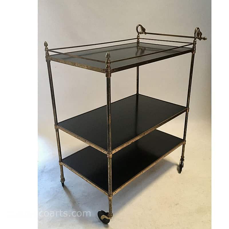  20th Century Decorative Arts |vintage brass framed 3 tier trolley with black laminated wooden shelves and swan handle c1950’s