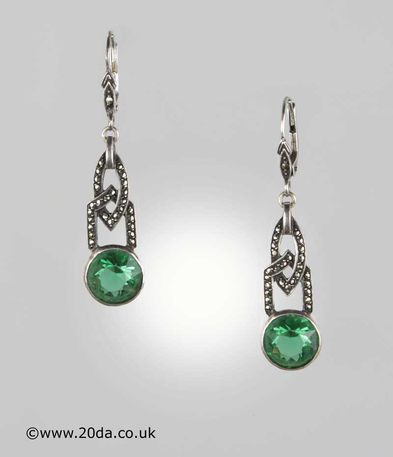  20th Century Decorative Arts |A pair of Art Deco 935 silver, marcasite and green stone earrings, Germany circa 1930-