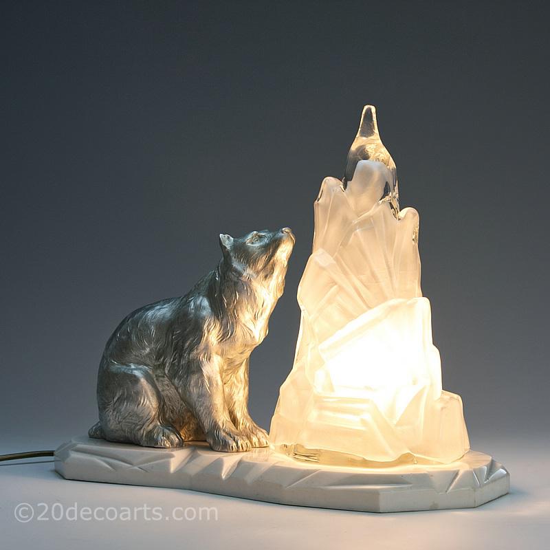  Art Deco polar bear table lamp, circa 1930, France- the spelter bear cold-painted silver and mounted on a shaped white marble base | 20th Century Decorative Arts