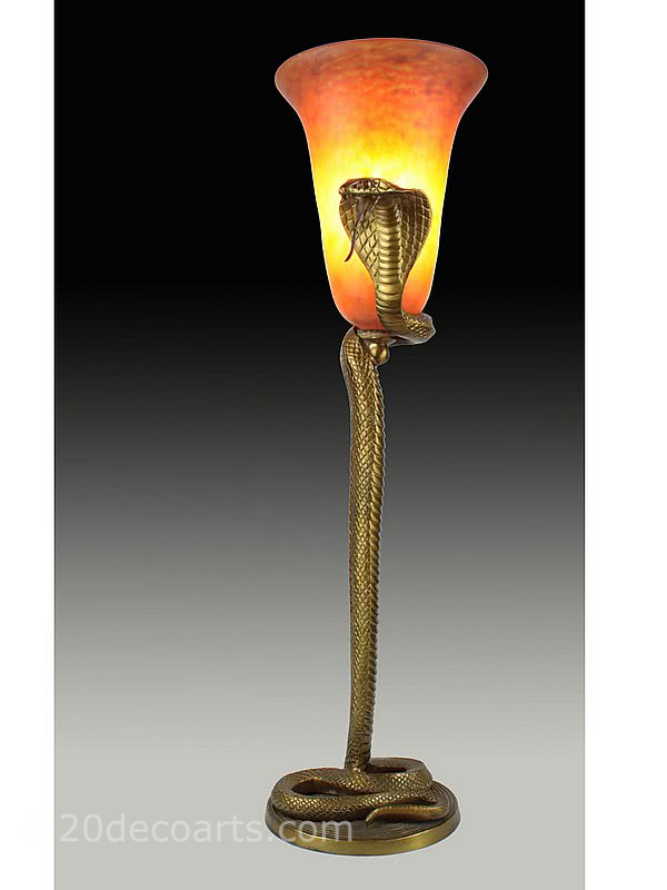  20th Century Decorative Arts | A stunning Art Deco gilded-bronze and glass table lamp by Edgar Brandt "Cobra" with shade by Daum