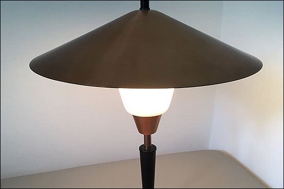 ☑️ A copper, black painted wood and white glass table / desk lamp c1955 - 1965 possibly by Fog & Morup 