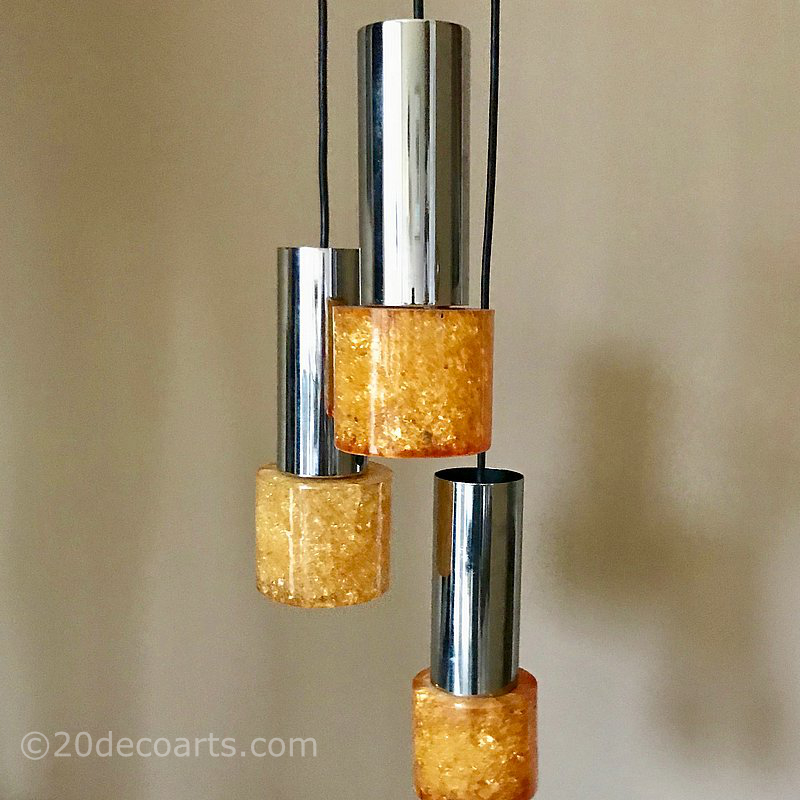  A 1960’s /70’s Triple Pendant Ceiling Light In amber
              resin “Shatterline” and chrome, 
